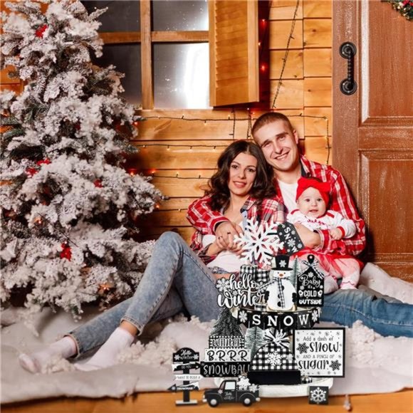 Christmas Tiered Tray Winter Decorations Set (Black and White Plaid) - Picture 3 of 6